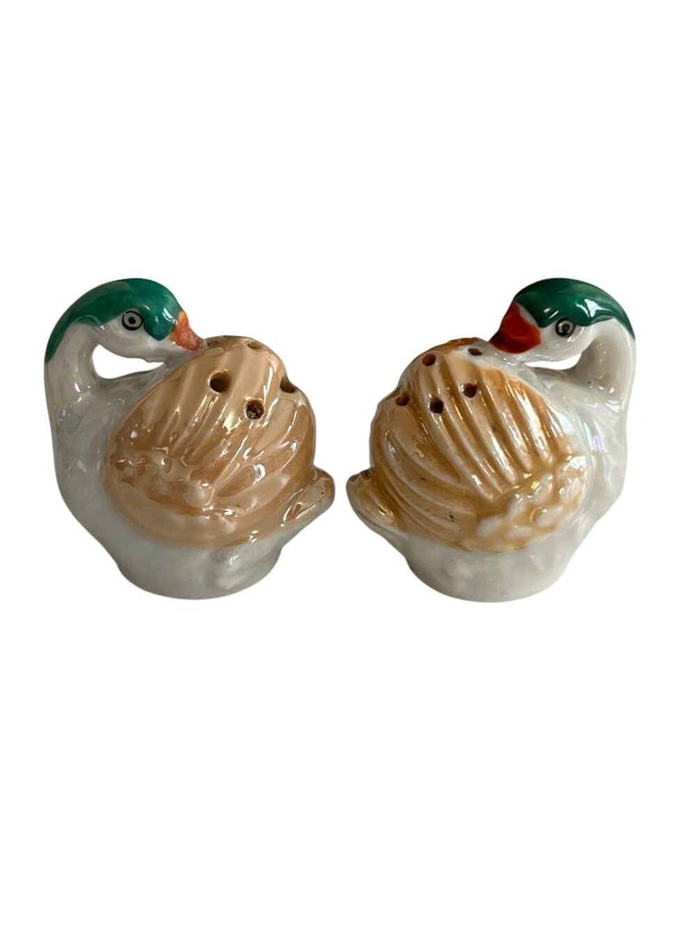 Vintage Japan Duck Salt Pepper Shakers Green Head Lusterware Set
